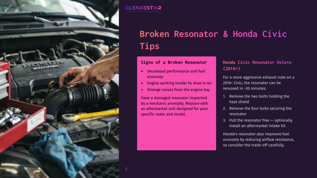 Close-Up Of A Mechanic'S Hands Working On A Honda Civic Engine, Highlighting A Broken Resonator. Text Overlay Reads: &Quot;Broken Resonator &Amp; Honda Civic Tips.