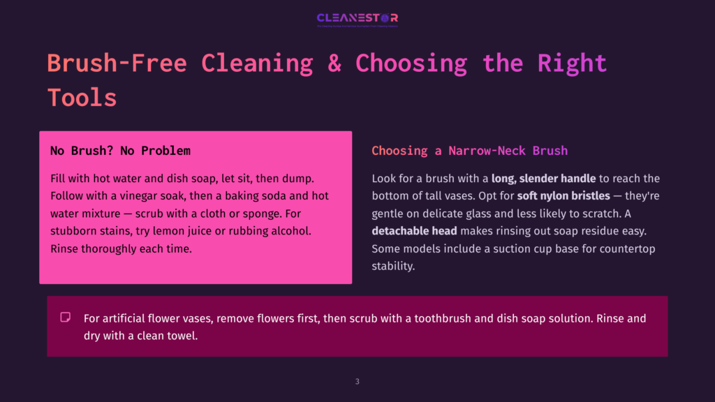 Cleanestor Logo At The Top Of A Dark Purple Background With Text Detailing Brush-Free Cleaning Tips. The Left Side Has A Pink Box With &Quot;No Brush? No Problem.&Quot; And Cleaning Instructions. The Right Side Has &Quot;Choosing A Narrow-Neck Brush&Quot; With Advice On Soft Nylon Bristles And A Detachable Head For Cleaning Vases.