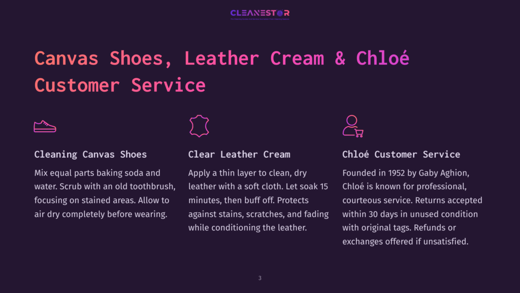 Canvas Shoes, Leather Cream &Amp; Chloé Customer Service With Icons For Each: A Shoe, A Droplet, And A Shopping Bag. Text Details Cleaning Canvas Shoes, Clear Leather Cream, And Chloé Customer Service.