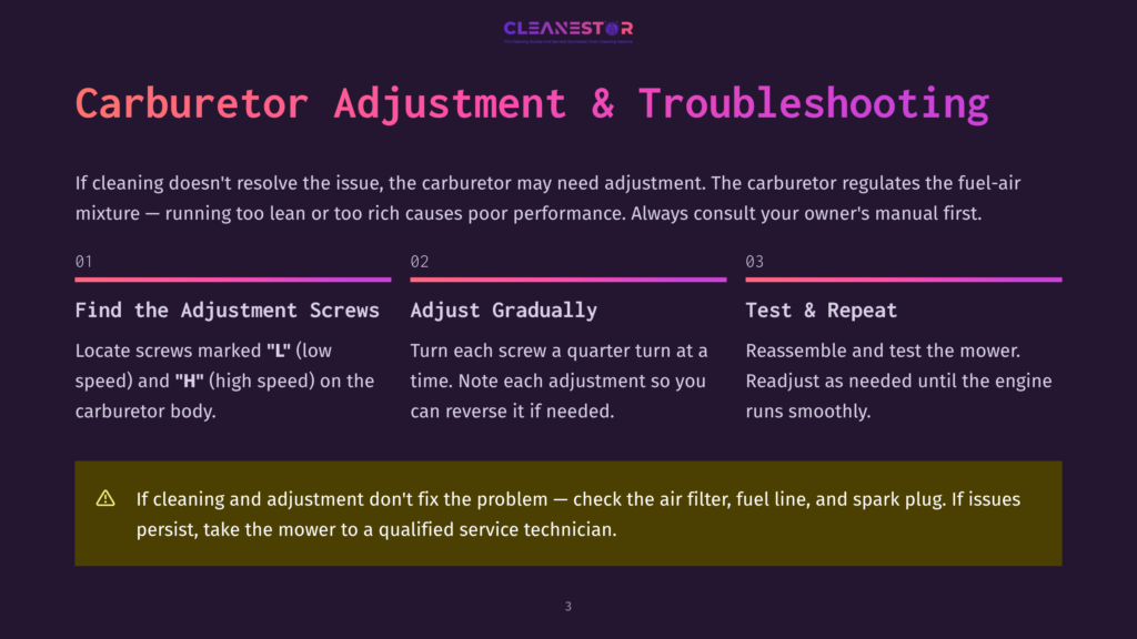 Carburetor Adjustment And Troubleshooting Guide With Steps: Find Adjustment Screws, Adjust Gradually, And Test &Amp; Repeat. Warning About Air Filter, Fuel Line, And Spark Plug.
