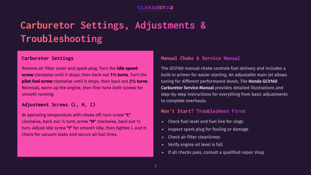 Carburetor Settings, Adjustments, And Troubleshooting Guide For Honda Gcy160 Engines, Featuring Instructions For Idle And Pilot Fuel Screws, Choke Operation, And Spark Plug Maintenance.