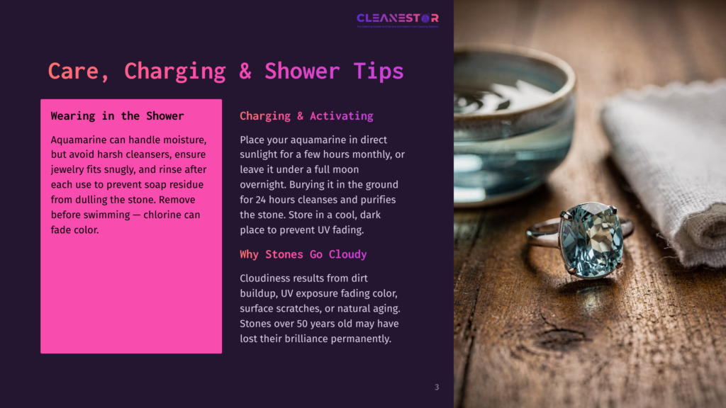 A Sparkling Aquamarine Gemstone Ring Sits On A Rustic Wooden Surface Next To A White Cloth And A Bowl Of Water, With Text About Cleaning And Charging Aquamarine Jewelry.