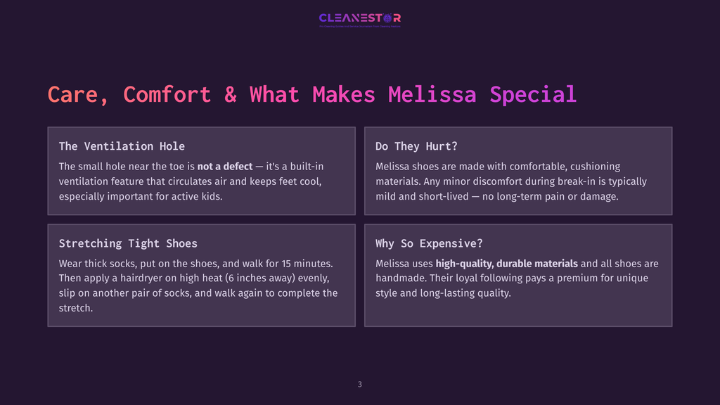 A Dark Purple Slide With The Title &Quot;Care, Comfort &Amp; What Makes Melissa Special&Quot; And Four Distinct Sections Detailing Shoe Care, Comfort, And Quality. Sections Include &Quot;The Ventilation Hole,&Quot; &Quot;Stretching Tight Shoes,&Quot; &Quot;Do They Hurt?,&Quot; And &Quot;Why So Expensive?