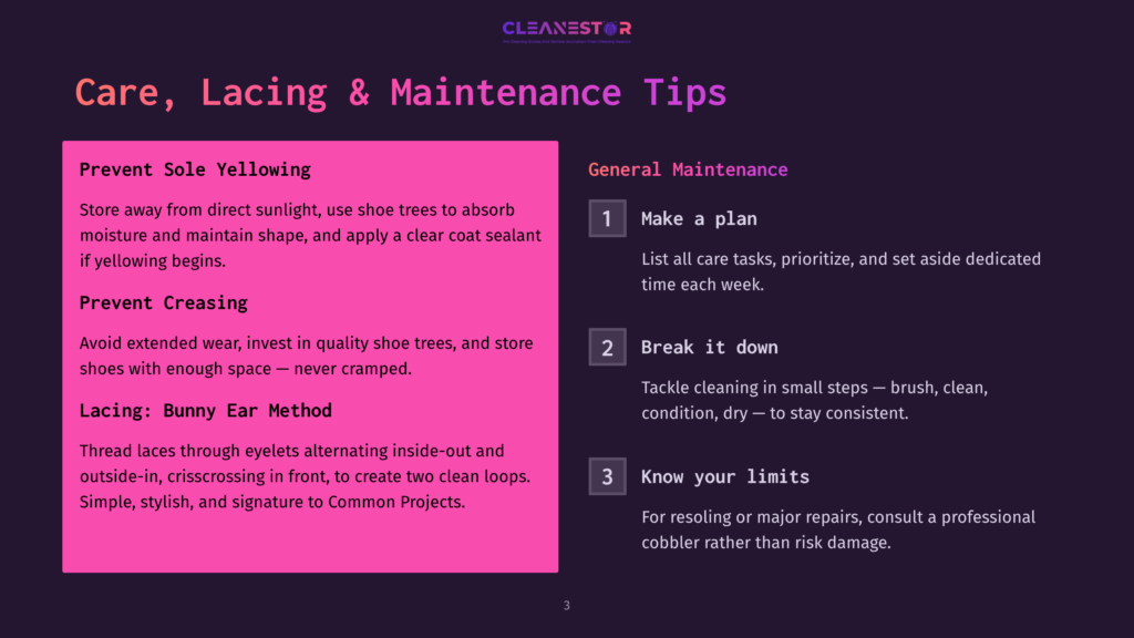 Cleanestor Presentation Slide With Text On &Quot;Care, Lacing &Amp; Maintenance Tips&Quot; For Shoes, Covering Yellowing Prevention, Creasing Prevention, And Bunny Ear Lacing Method, Alongside General Maintenance Advice.