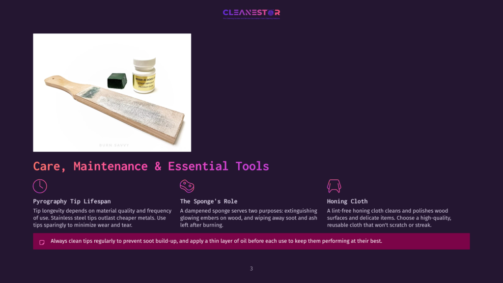 A Wooden Strop And A Small Bottle Of Honing Oil Are Displayed On A Dark Background, With Text Overlay From The &Quot;Cleanestor&Quot; Brand And A Section On &Quot;Care, Maintenance &Amp; Essential Tools&Quot; For Sharpening Tools.