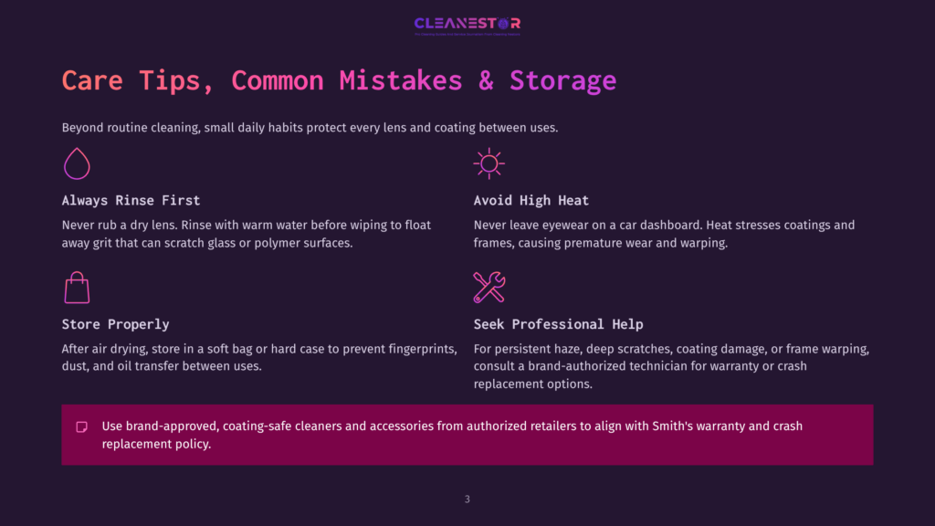 Graphic With Text: &Quot;Care Tips, Common Mistakes &Amp; Storage&Quot; And Icons For Rinsing, Sunlight, A Bag, And A Wrench. Key Advice Includes Rinsing Lenses, Avoiding High Heat, Storing Properly, And Seeking Professional Help.