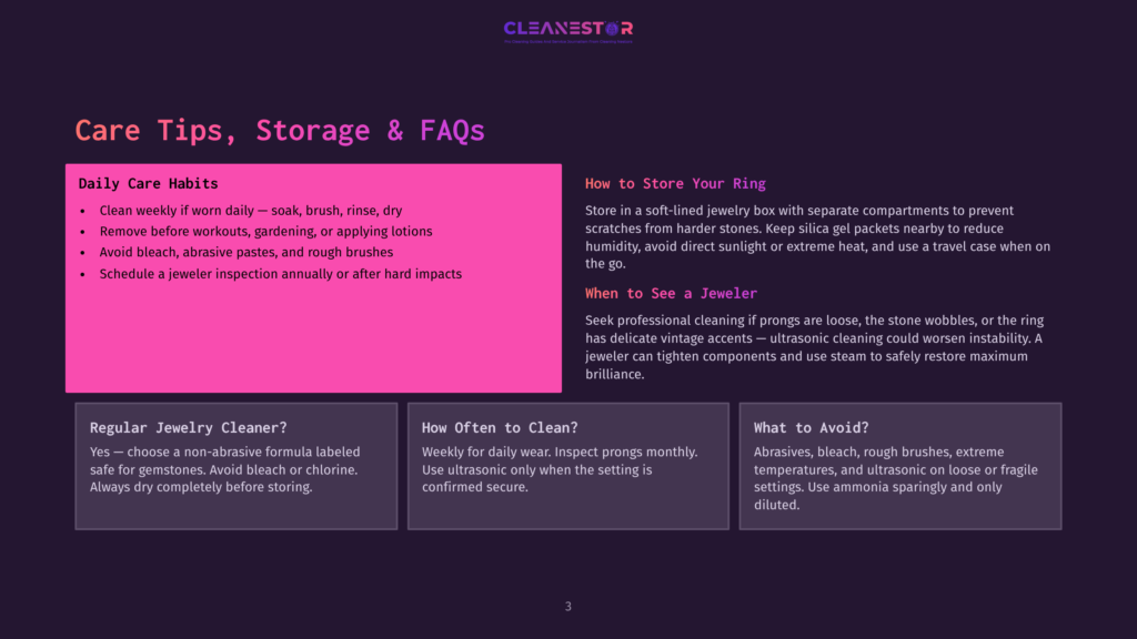 3 Care Tips Storage And Faqs A Dark Purple Background Displays &Quot;Cleanestor&Quot; In White Text, With &Quot;Care Tips, Storage &Amp; Faqs&Quot; In Large White Letters. Sections Detail Daily Care, Storage, Jewelry Cleaning, And What To Avoid.