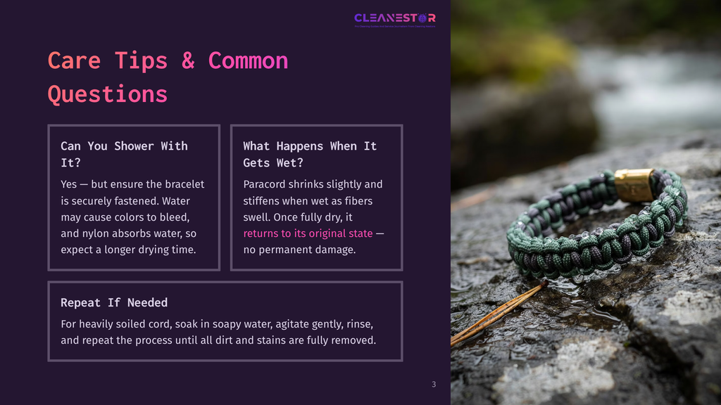 Close-Up Of A Green And Black Paracord Bracelet With A Brass Clasp, Resting On Wet, Mossy Rocks Near A Flowing Stream. Text Overlay: &Quot;Cleanestor Care Tips &Amp; Common Questions&Quot;.