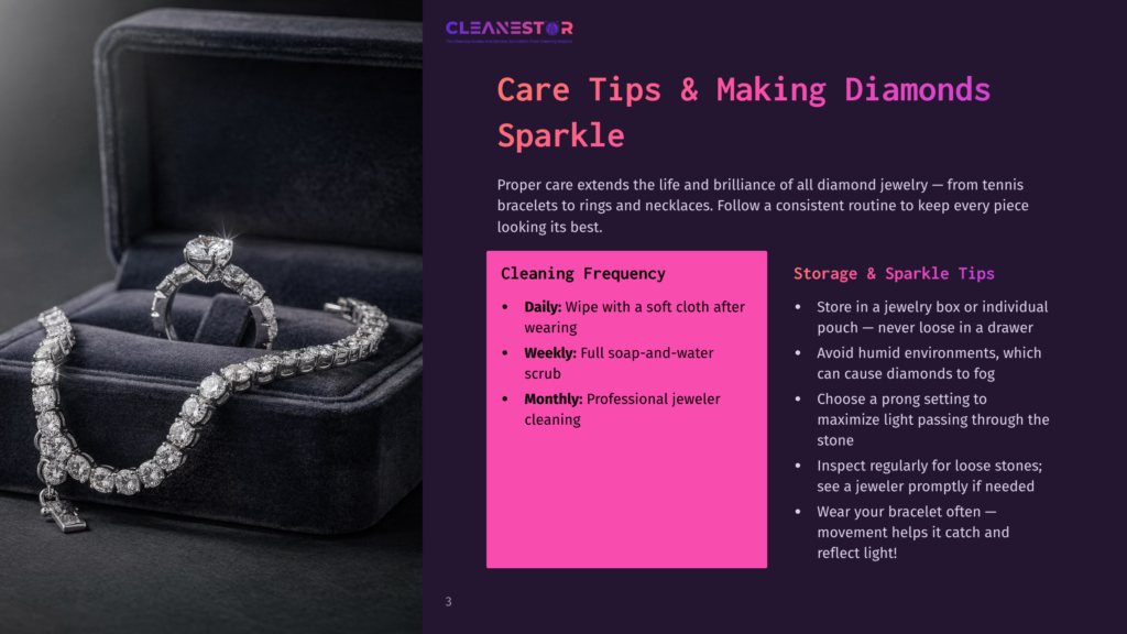 A Diamond Engagement Ring And Tennis Bracelet Sit In A Dark Blue Velvet Jewelry Box, With A Pink Card Featuring Cleaning Tips For Diamonds And Jewelry.