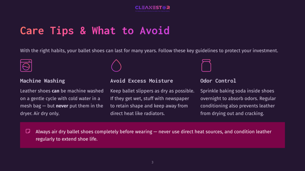 Cleanestor Logo With Text &Quot;Care Tips &Amp; What To Avoid&Quot; For Ballet Shoes, Featuring Icons For Machine Washing, Avoiding Excess Moisture, And Odor Control.