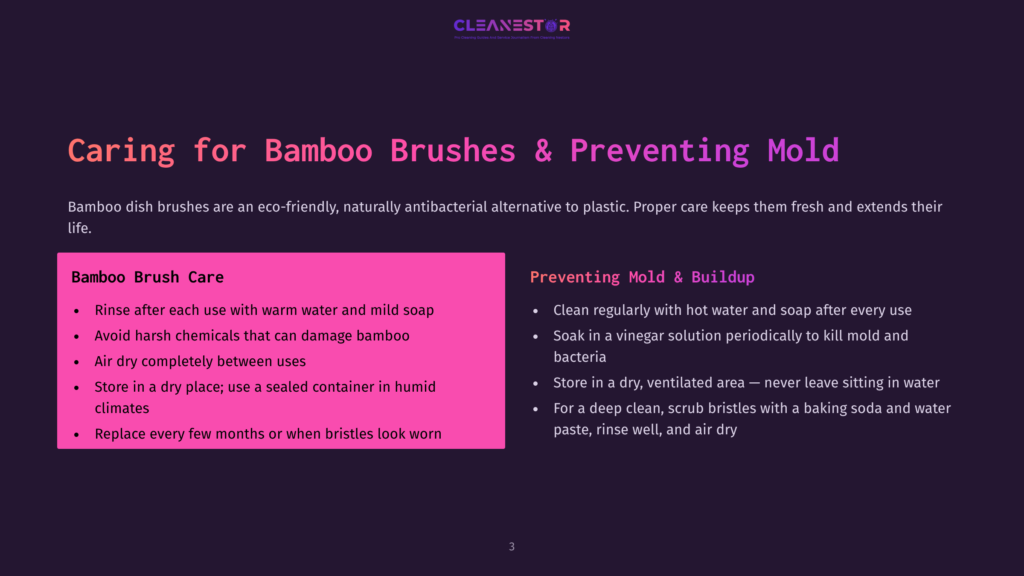 A Slide Titled &Quot;Caring For Bamboo Brushes &Amp; Preventing Mold&Quot; With Two Columns: &Quot;Bamboo Brush Care&Quot; And &Quot;Preventing Mold &Amp; Buildup,&Quot; Offering Tips For Maintaining Bamboo Brushes.
