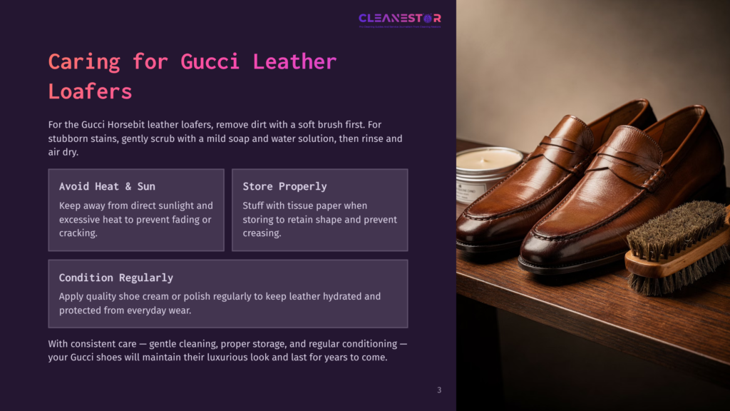 3 Caring For Gucci Leather Loafers A Pair Of Rich Brown Gucci Penny Loafers Are Displayed On A Dark Surface, Accompanied By A Cleaning Brush And A Small Candle. The Image Emphasizes The Luxurious Texture And Classic Design Of The Footwear.