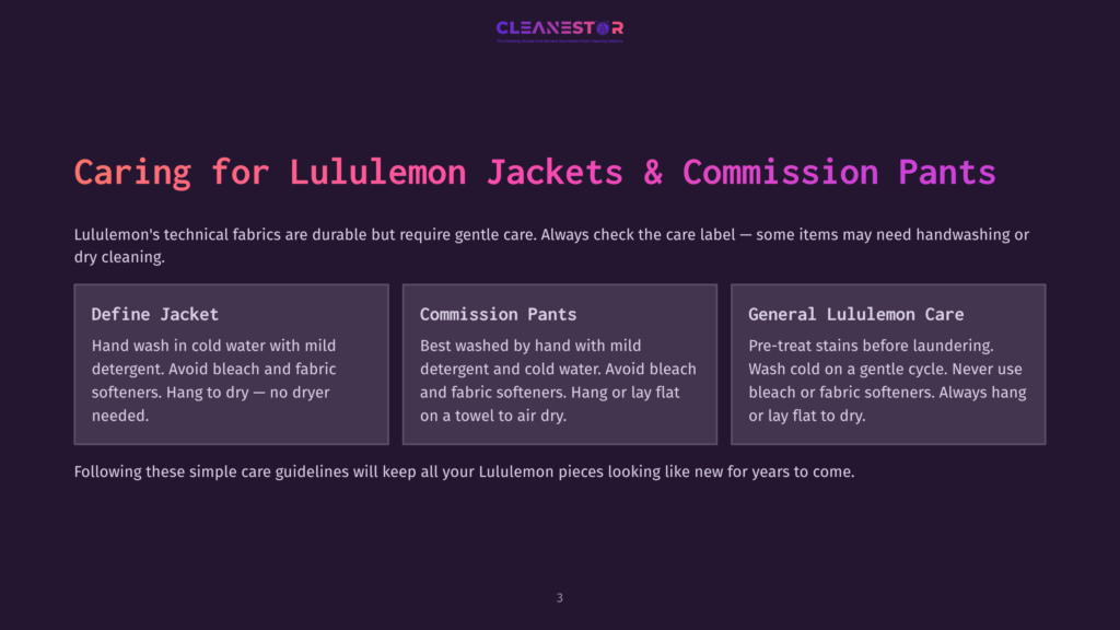 Cleanestor Logo Above Text: &Quot;Caring For Lululemon Jackets &Amp; Commission Pants&Quot;. Below, Three Columns Detail Care Instructions For &Quot;Define Jacket&Quot;, &Quot;Commission Pants&Quot;, And &Quot;General Lululemon Care&Quot;.