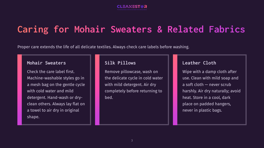 A Dark Purple Background With Three Cards Detailing How To Care For Mohair Sweaters, Silk Pillows, And Leather Cloth. The Cards Have Titles And Bullet Points With Care Instructions.