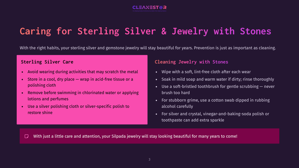 A Slide Titled &Quot;Caring For Sterling Silver &Amp; Jewelry With Stones&Quot; Details Cleaning Tips. The Left Side, &Quot;Sterling Silver Care,&Quot; Lists Four Bullet Points, While The Right Side, &Quot;Cleaning Jewelry With Stones,&Quot; Lists Five Bullet Points. A Pink Box Contains A Concluding Statement.