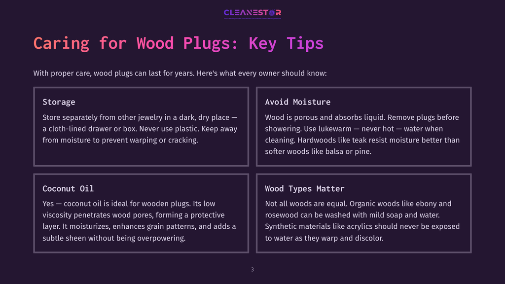 Cleanestor Logo At The Top Of A Dark Purple Graphic With Text About Caring For Wood Plugs. Sections Cover Storage, Avoid Moisture, Coconut Oil, And Wood Types Matter.