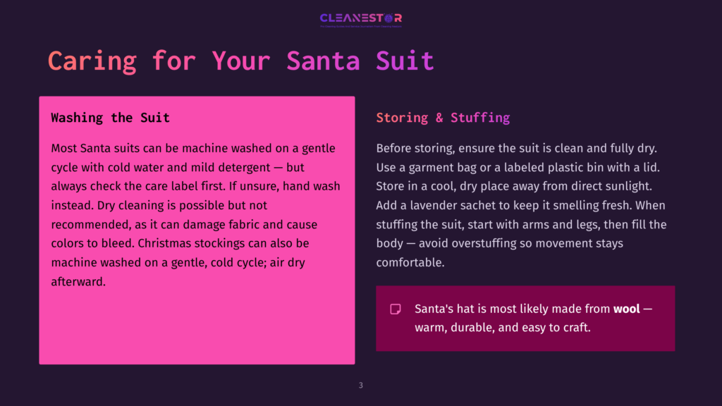 3 Caring For Your Santa Suit A Graphic With Text About Caring For A Santa Suit. The Left Side, In Pink, Details Washing Instructions, And The Right Side, In Purple, Offers Storage Tips, Including Placing A Lavender Sachet In The Suit.