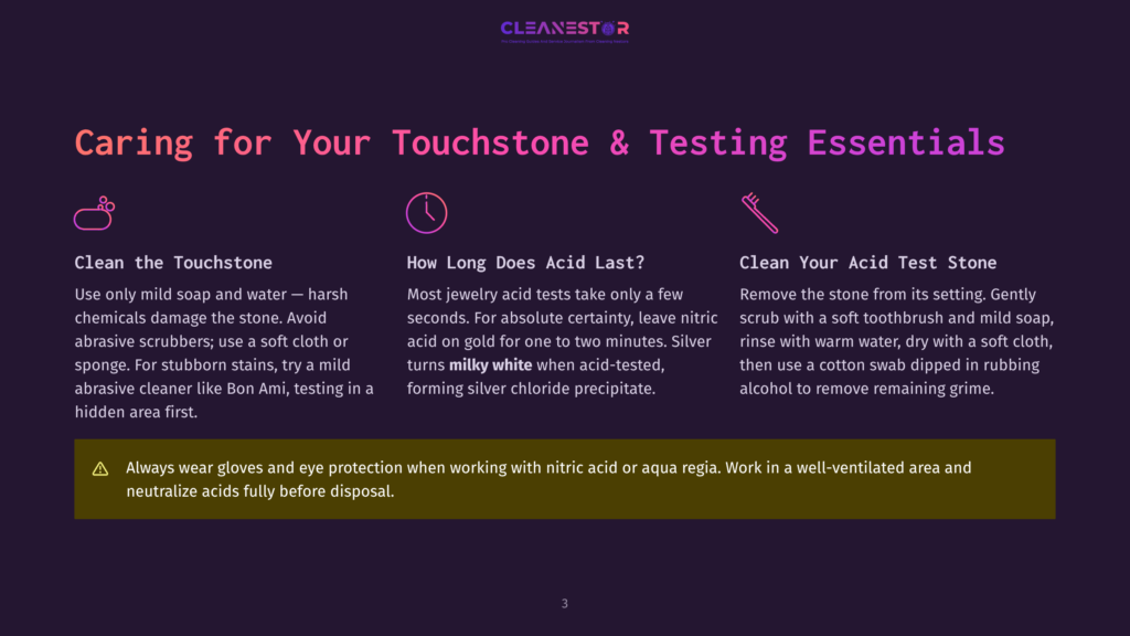 Illustration Showing How To Care For Touchstone And Acid Testing Essentials. Includes Icons For Cleaning, Acid Testing, And Neutralization, With Text Detailing The Process.