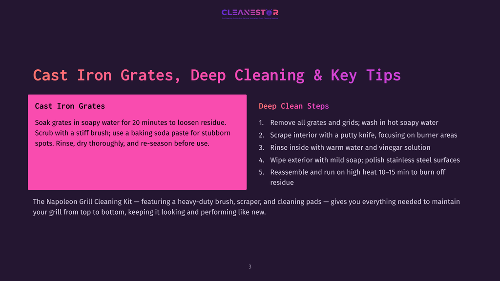 Cast Iron Grates Cleaning Tips: Soak Grates In Soapy Water For 20 Minutes, Scrub With A Stiff Brush And Baking Soda Paste, Rinse, Dry, And Re-Season. Deep Cleaning Steps Include Scraping Interior With A Putty Knife, Washing With Warm Water And Vinegar, Wiping Exterior With Mild Soap, And Reassembling.