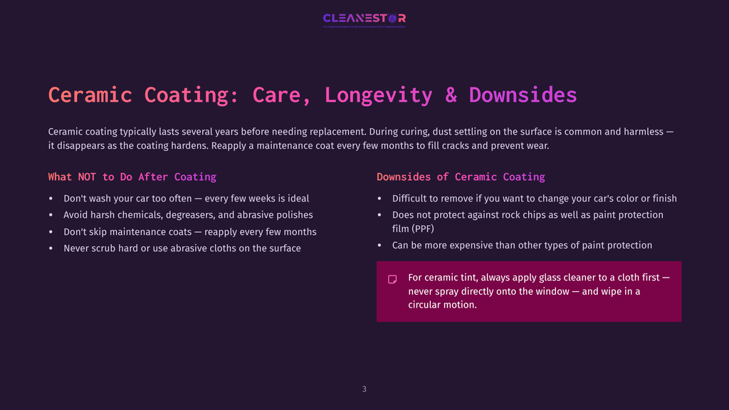 Cleanestor Logo On A Purple Background With The Title &Quot;Ceramic Coating: Care, Longevity &Amp; Downsides&Quot; And Bullet Points Detailing What Not To Do After Ceramic Coating And Downsides Of Ceramic Coating.