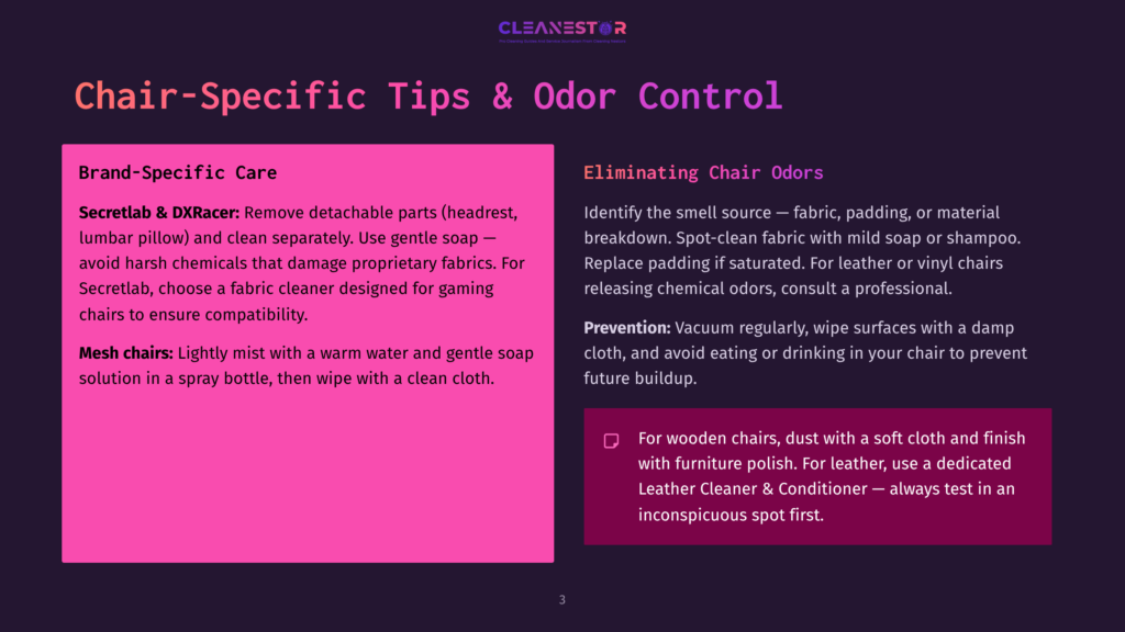 Cleanestor Chair Care Guide With Tips For Cleaning Secretlab And Dxracer Gaming Chairs And Eliminating Odors. Text Includes Cleaning Instructions For Fabric, Leather, And Vinyl Chairs.
