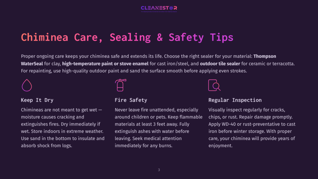 Chiminea Care, Sealing, And Safety Tips: Keep It Dry, Fire Safety, And Regular Inspection. Icons For Each Section.
