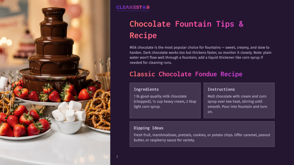 A Decadent Chocolate Fountain Cascades Melted Milk Chocolate, Surrounded By Fresh Strawberries, Marshmallows, And Pretzels For Dipping. Text Overlays Provide &Quot;Chocolate Fountain Tips &Amp; Recipe&Quot; And &Quot;Classic Chocolate Fondue Recipe.