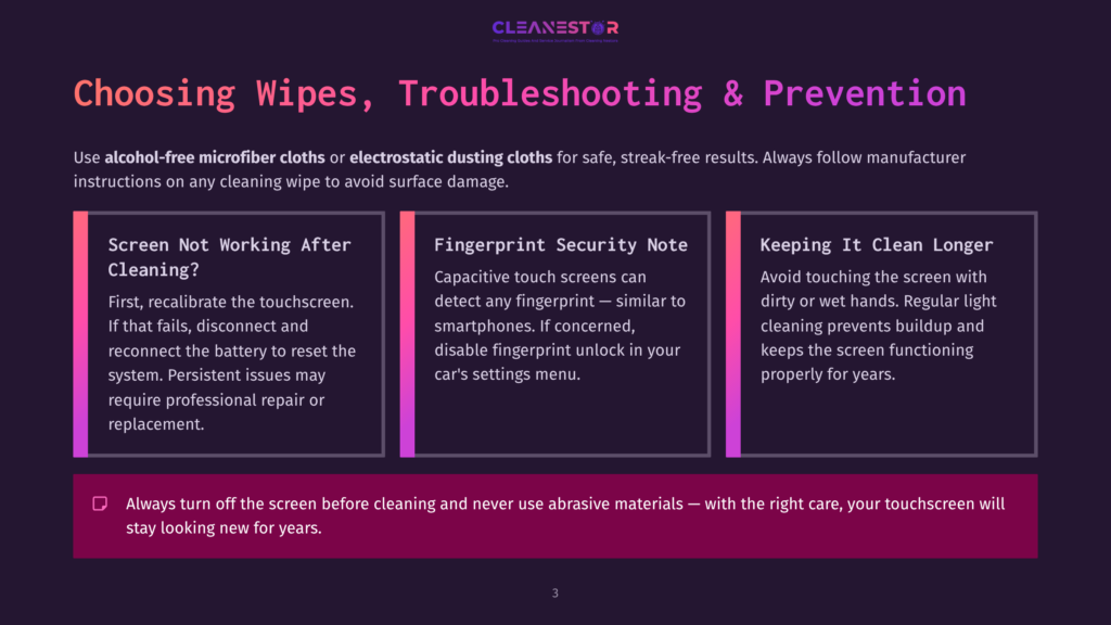 Cleanestor Graphic With Text &Quot;Choosing Wipes, Troubleshooting &Amp; Prevention&Quot; And Three Columns: &Quot;Screen Not Working After Cleaning?&Quot;, &Quot;Fingerprint Security Note&Quot;, And &Quot;Keeping It Clean Longer&Quot;.