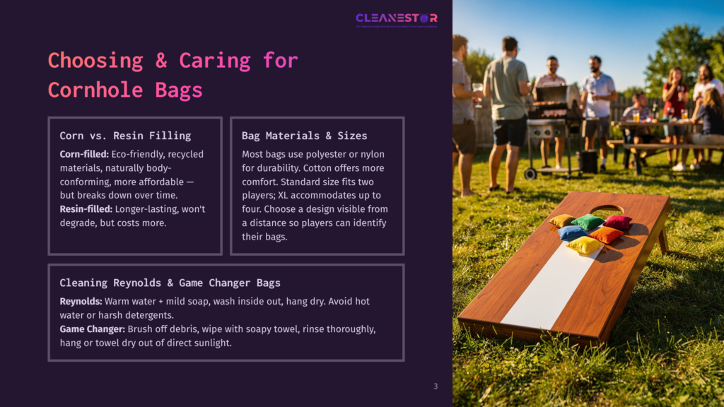 A Group Of Friends Enjoy A Sunny Day Playing Cornhole At A Backyard Barbecue, With A Close-Up Of A Colorful Cornhole Board And Bags In The Foreground.