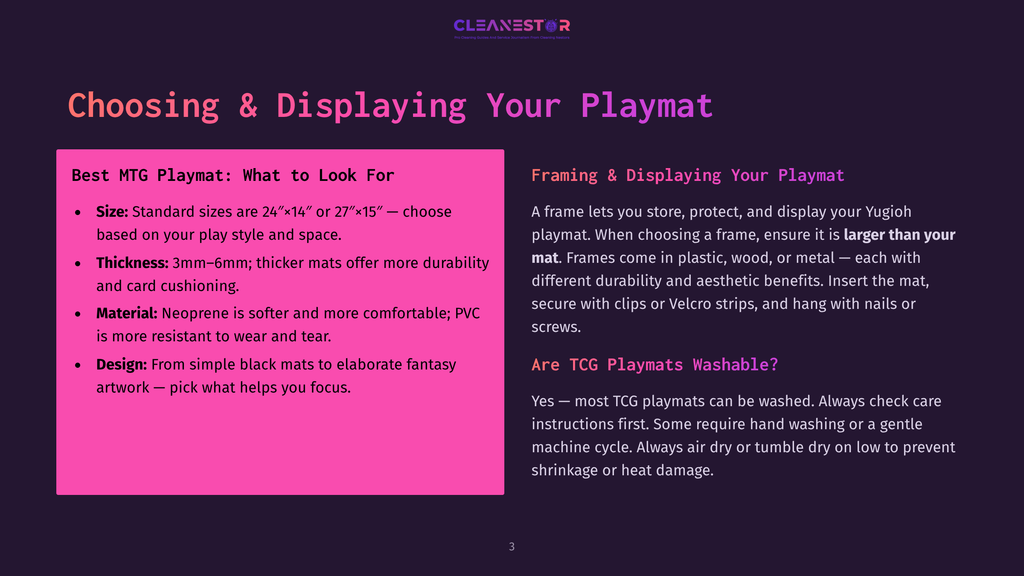 A Dark Purple Slide Titled &Quot;Choosing &Amp; Displaying Your Playmat&Quot; With Text About Mtg Playmat Sizes, Thickness, Material, And Design, And Framing And Displaying Playmats.