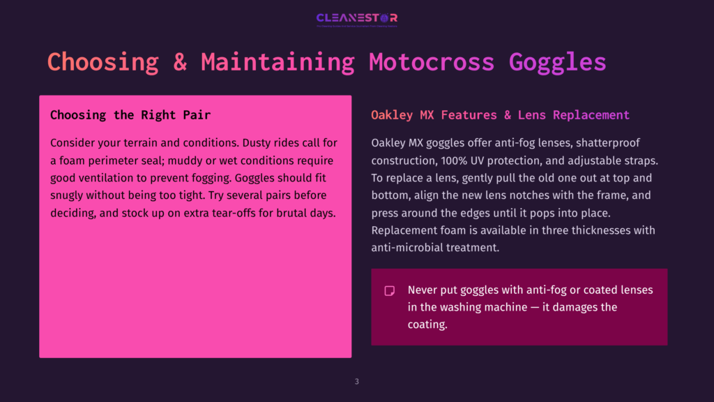Cleanestor Logo And Text &Quot;Choosing &Amp; Maintaining Motocross Goggles&Quot; On A Dark Purple Background. Left Side Has Pink Text Box With &Quot;Choosing The Right Pair&Quot; And Details About Goggles. Right Side Has Black Text Box With &Quot;Oakley Mx Features &Amp; Lens Replacement&Quot; And Details About Oakley Goggles.