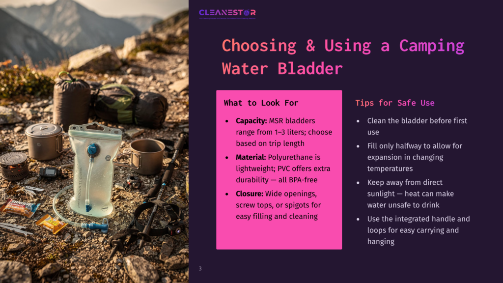 A Camping Water Bladder, Filled With Water And Lying On Rocky Terrain Next To Camping Gear. The Text &Quot;Cleanestor&Quot; Is Visible On The Bladder.