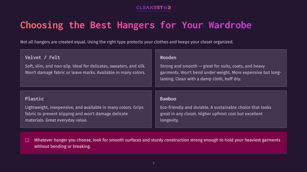 3 Choosing The Best Hangers For Your Wardrobe Choosing The Best Hangers For Your Wardrobe: Velvet/Felt, Wooden, Plastic, And Bamboo Hanger Types Are Described With Their Pros And Cons.