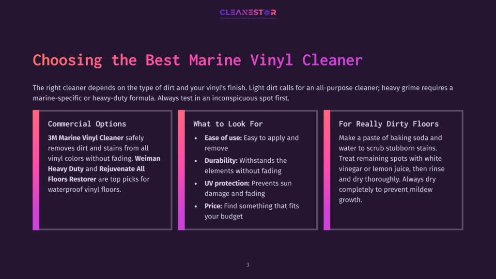 Choosing The Best Marine Vinyl Cleaner: Commercial Options Like 3M Marine Vinyl Cleaner And Rejuvenate All Floors Restorer, What To Look For (Ease Of Use, Durability, Uv Protection, Price), And Diy Solutions For Dirty Floors.