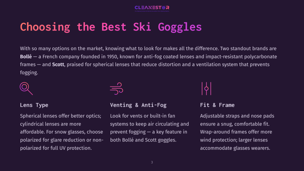 Cleanestor Logo Above Text: Choosing The Best Ski Goggles. Sections On Lens Type, Venting &Amp; Anti-Fog, And Fit &Amp; Frame With Icons.