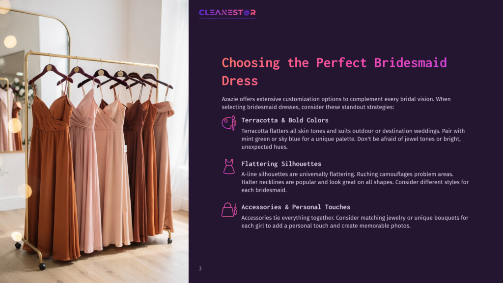 3 Choosing The Perfect Bridesmaid Dress A Row Of Elegant Bridesmaid Dresses In Terracotta And Blush Tones Hang On A Gold Rack, With A Text Overlay Reading &Quot;Cleanestor Choosing The Perfect Bridesmaid Dress.