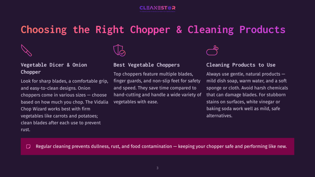 A Graphic With The Title &Quot;Choosing The Right Chopper &Amp; Cleaning Products&Quot; And Three Sections: &Quot;Vegetable Dicer &Amp; Onion Chopper,&Quot; &Quot;Best Vegetable Choppers,&Quot; And &Quot;Cleaning Products To Use.