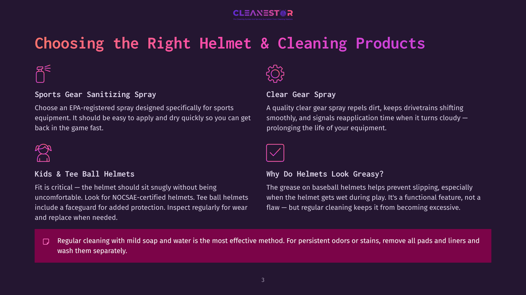 Choosing The Right Helmet &Amp; Cleaning Products: Sports Gear Sanitizing Spray, Clear Gear Spray, Kids &Amp; Tee Ball Helmets, Why Do Helmets Look Greasy? Regular Cleaning With Mild Soap And Water Is Most Effective.
