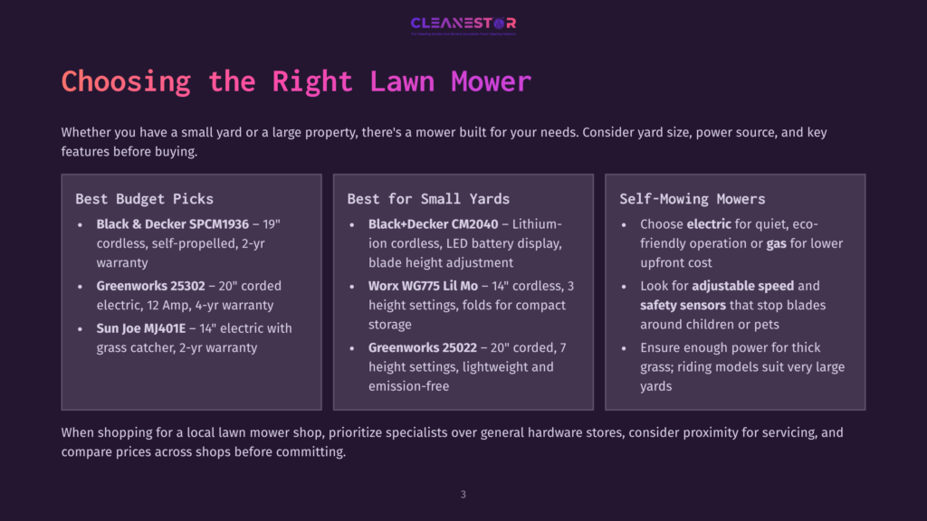 Choosing The Right Lawn Mower: A Graphic With Three Sections: &Quot;Best Budget Picks,&Quot; &Quot;Best For Small Yards,&Quot; And &Quot;Self-Mowing Mowers,&Quot; Listing Various Lawn Mower Models And Features. Text At The Bottom Discusses Shopping For A Local Lawn Mower Shop.