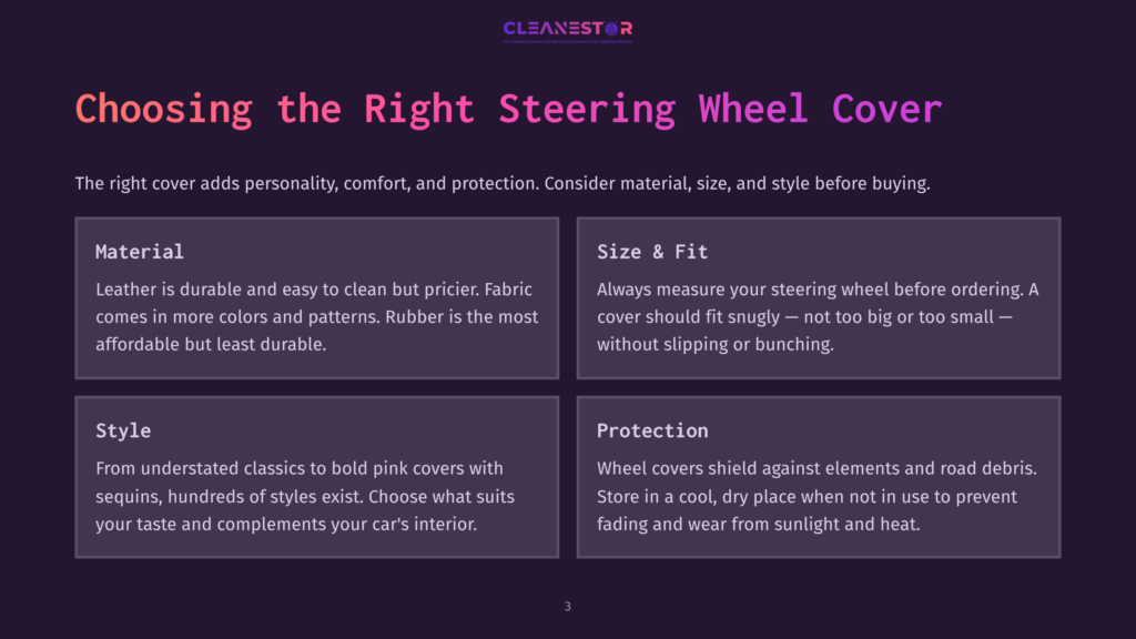 Infographic Titled &Quot;Choosing The Right Steering Wheel Cover&Quot; With Sections On Material, Size &Amp; Fit, Style, And Protection, Featuring The Cleanestor Logo.