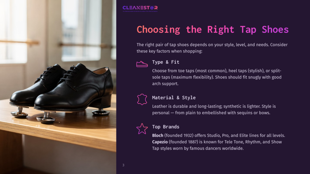 Black Leather Tap Shoes With Metal Taps On The Soles Rest On A Wooden Shelf. The Image Is Part Of A &Quot;Cleanestor&Quot; Presentation About Choosing The Right Tap Shoes.