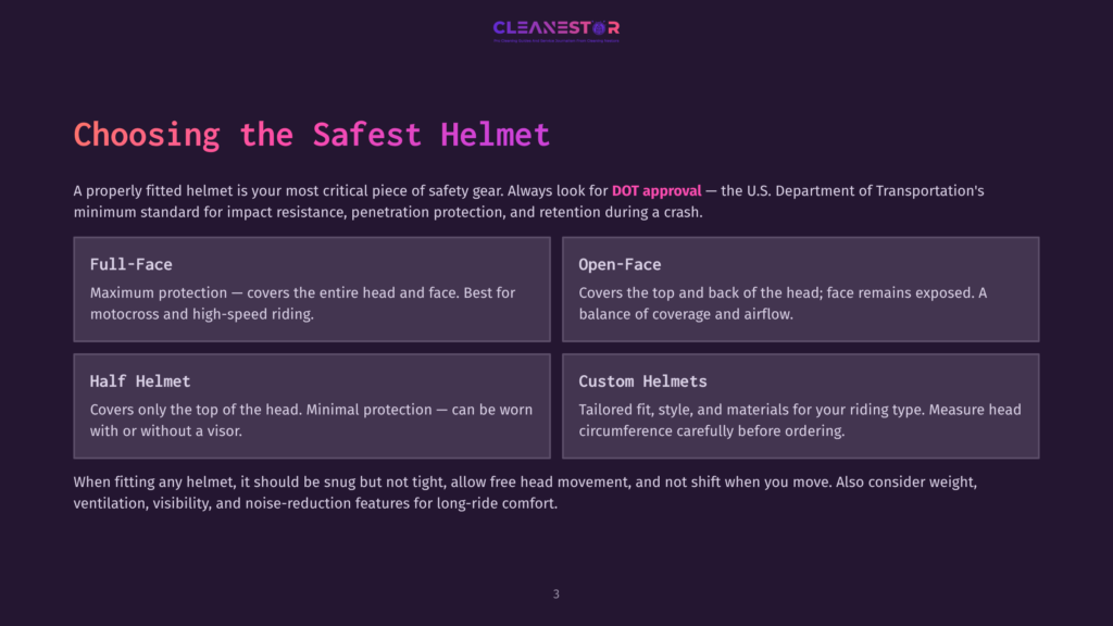 A Graphic Displays Information About Choosing The Safest Helmet, With Sections For Full-Face, Open-Face, Half Helmet, And Custom Helmets, Along With Safety Standards Like Dot Approval.