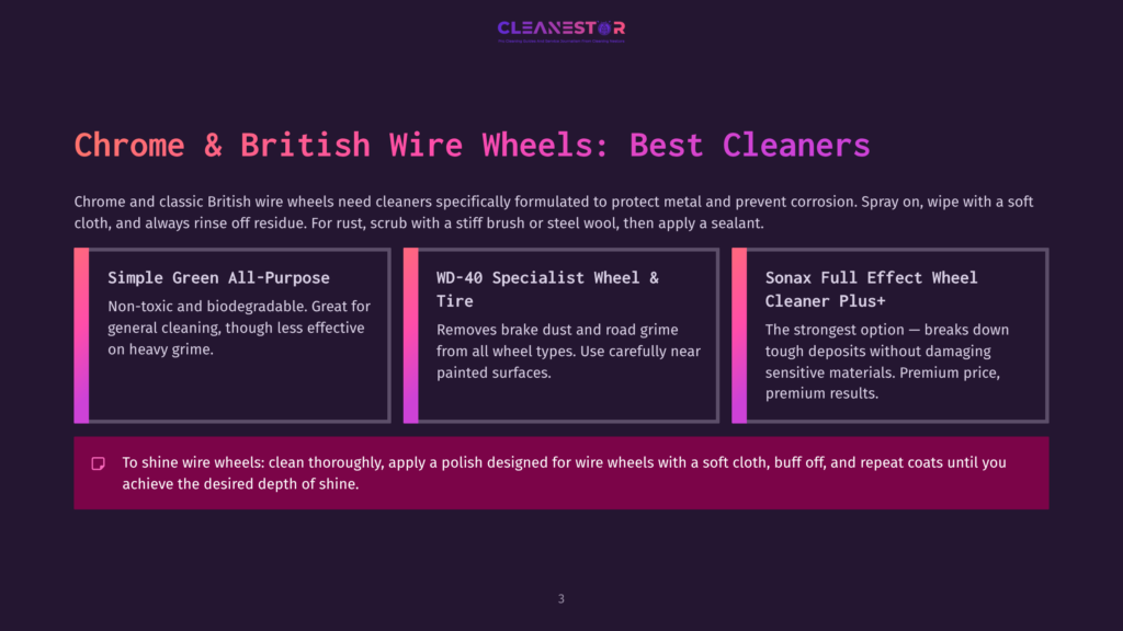 Three Cleaning Product Options For Chrome And British Wire Wheels: Simple Green All-Purpose, Wd-40 Specialist Wheel &Amp; Tire, And Sonax Full Effect Wheel Cleaner Plus+. Text Provides A Guide To Cleaning Wire Wheels.