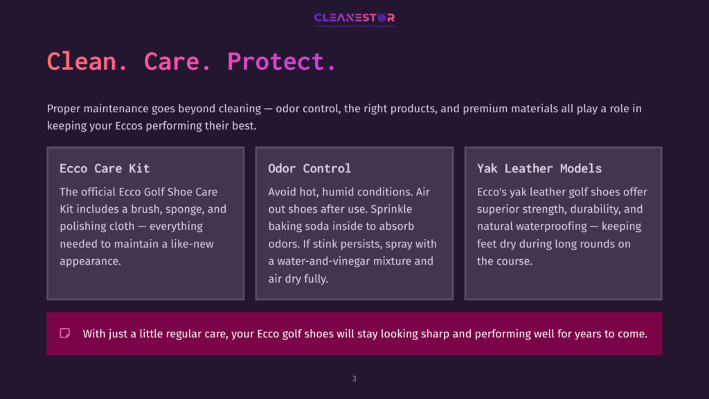 Clean. Care. Protect. Ecco Care Kit, Odor Control, And Yak Leather Models Product Information With Text About Maintaining Ecco Golf Shoes.