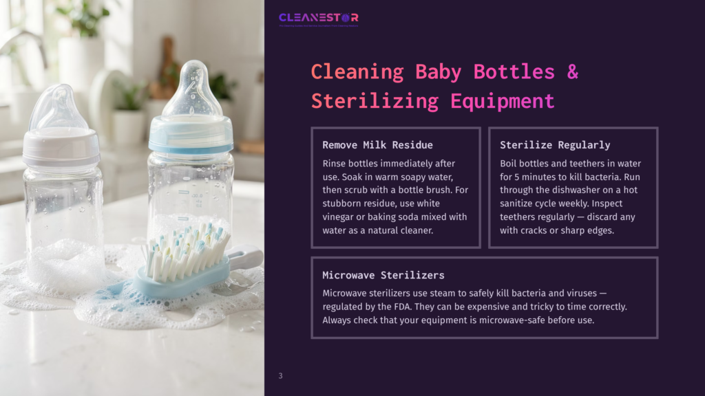 Two Baby Bottles, One Clear And One Blue, Sit On A White Counter With Blue And White Scrubbing Brush And Soap Suds. The Text &Quot;Cleanestor&Quot; Is Visible At The Top.