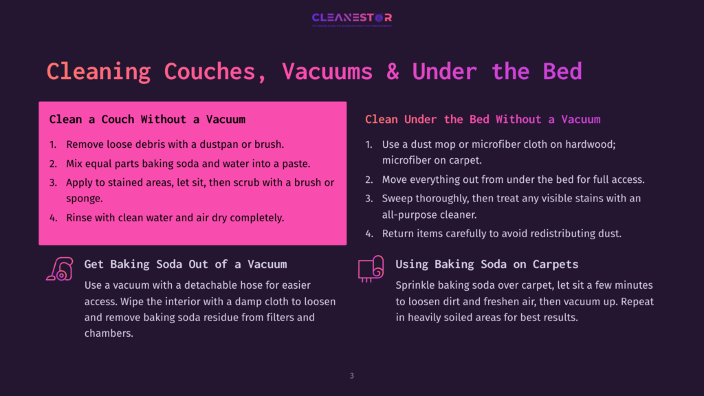A Dark Purple Graphic With Text About Cleaning Couches, Vacuums, And Under The Bed. It Includes Tips For Cleaning Couches With Baking Soda And Water, And Cleaning Under The Bed With A Dust Mop Or Microfiber Cloth.