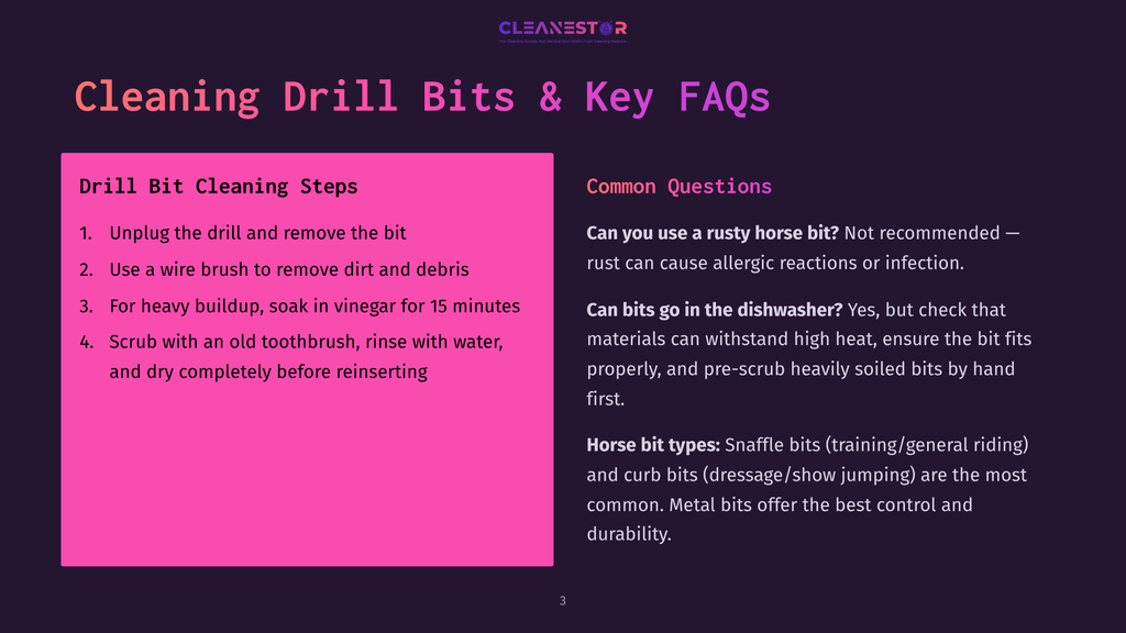 Cleaning Drill Bits &Amp; Key Faqs: Steps For Cleaning Drill Bits Include Unplugging, Using A Wire Brush, Soaking In Vinegar For Heavy Buildup, And Scrubbing With An Old Toothbrush. Common Questions Are Answered About Rusty Horse Bits And Dishwasher Cleaning.