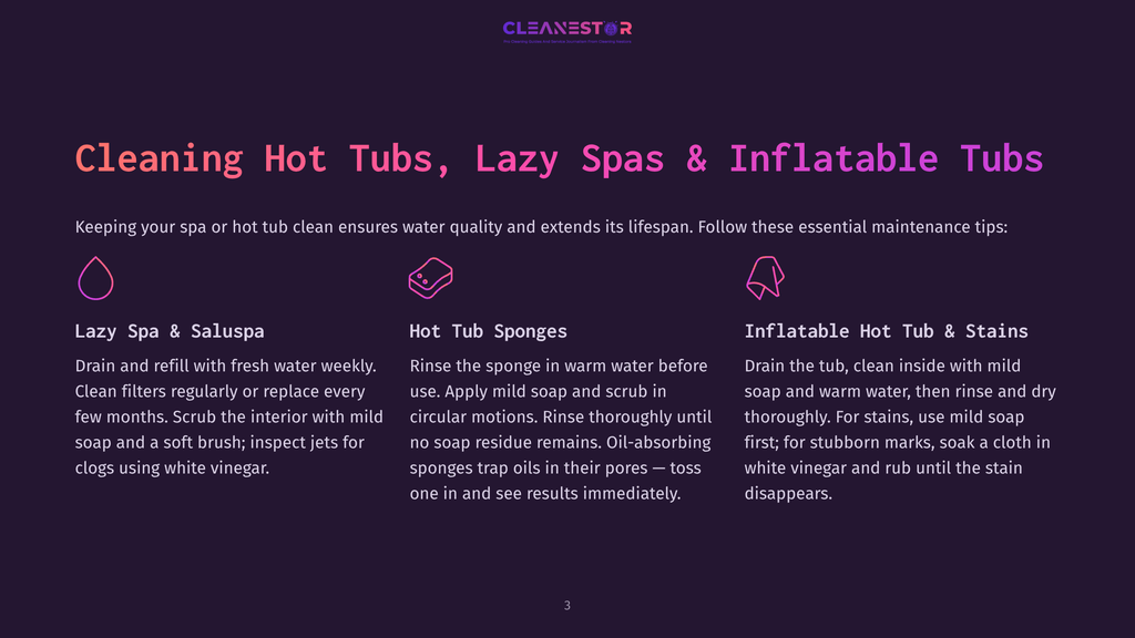 Illustration Of Three Icons Representing Cleaning Steps For Hot Tubs, Lazy Spas, And Inflatable Tubs. Text Details Cleaning Tips.