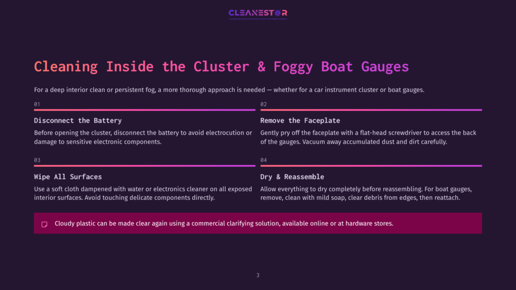 Cleaning Inside The Cluster &Amp; Foggy Boat Gauges: Step-By-Step Guide With Text And Icons Explaining How To Disconnect The Battery, Remove The Faceplate, Wipe All Surfaces, And Dry And Reassemble.