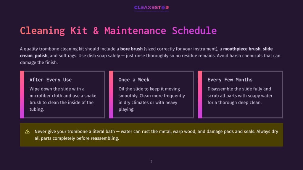 3 Cleaning Kit And Maintenance Schedule Cleaning Kit &Amp; Maintenance Schedule For A Trombone, Detailing After Every Use, Once A Week, And Every Few Months Cleaning Steps. Includes A Warning About Water Damage.